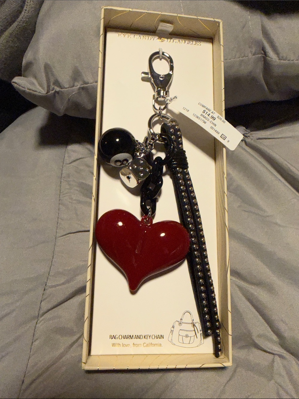 Red Heart, Dice, 8 ball Charm Keychain with Black Accents